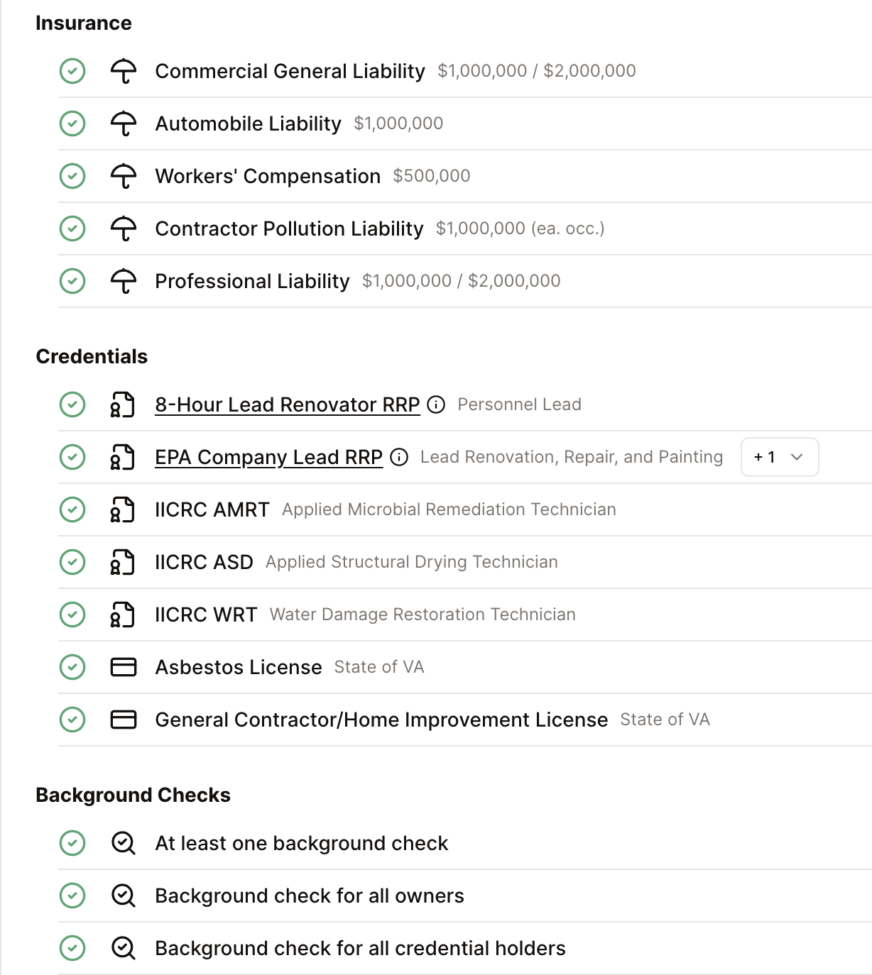 Insurance, credentials, licenses, and background checks showing verified