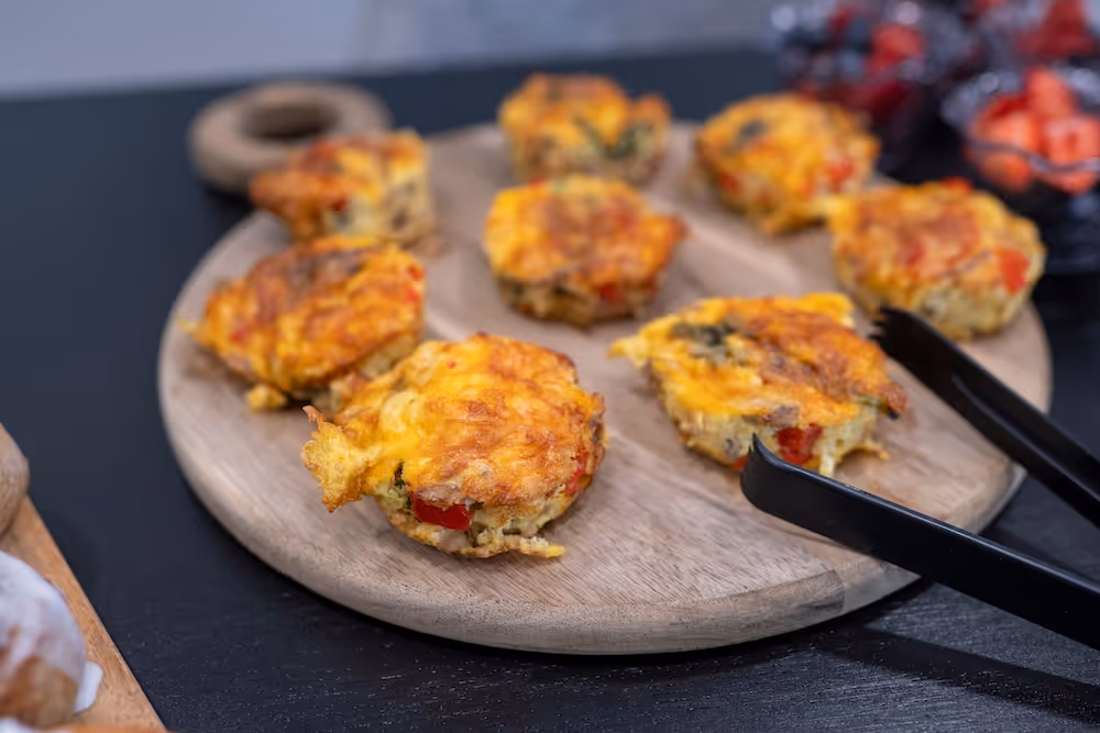 Freshly baked mini quiches with vegetables and cheese prepared by the culinary team