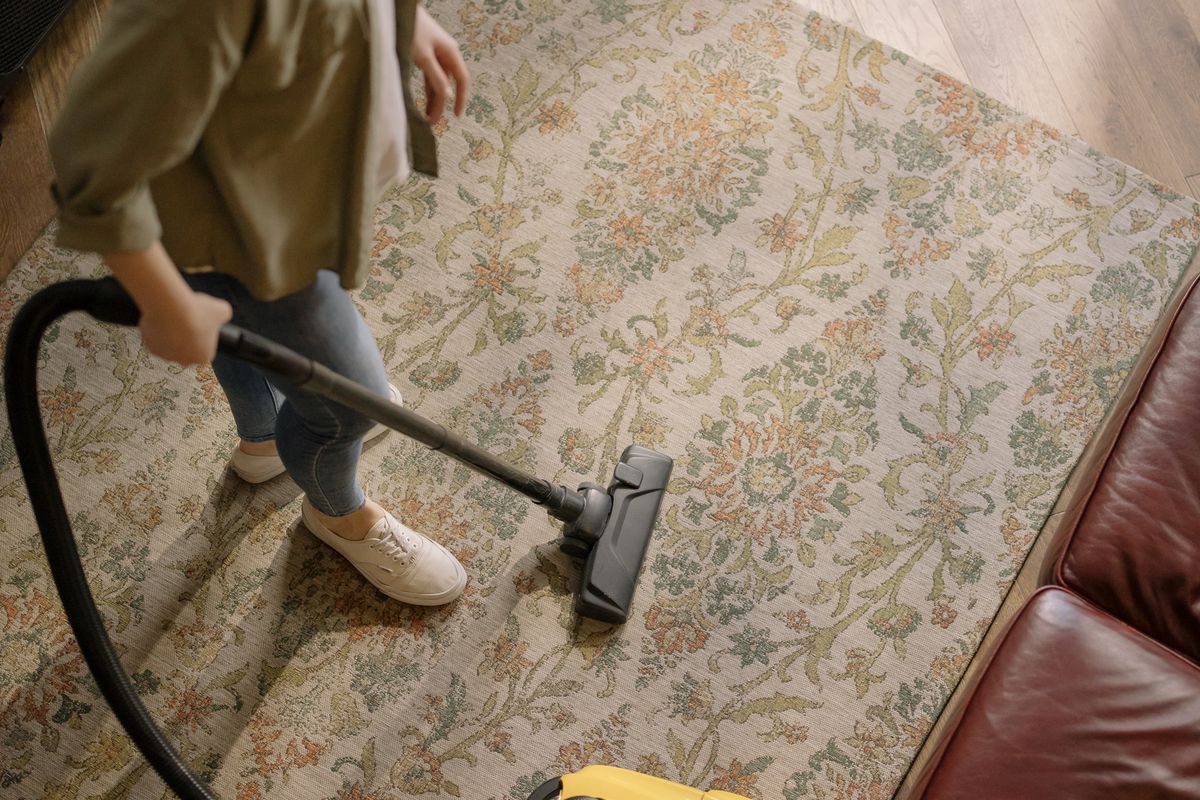 Persona aspirando una alfombra del salón, el punto donde se concentran los huevos y larvas de pulga en una vivienda