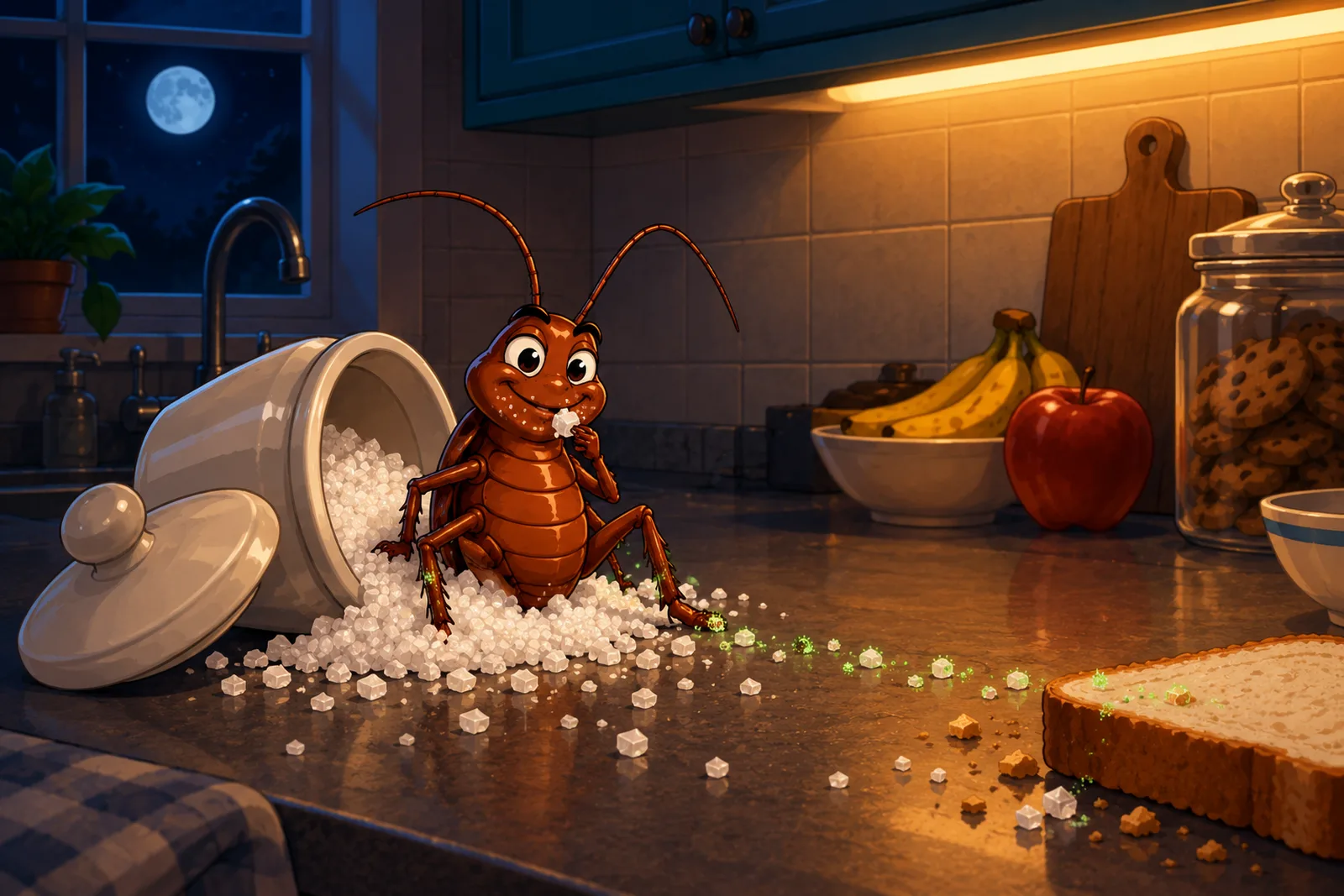 Ilustración: Cucaracha alemana alimentándose de azúcar sobre una encimera: así contaminan los alimentos de la cocina