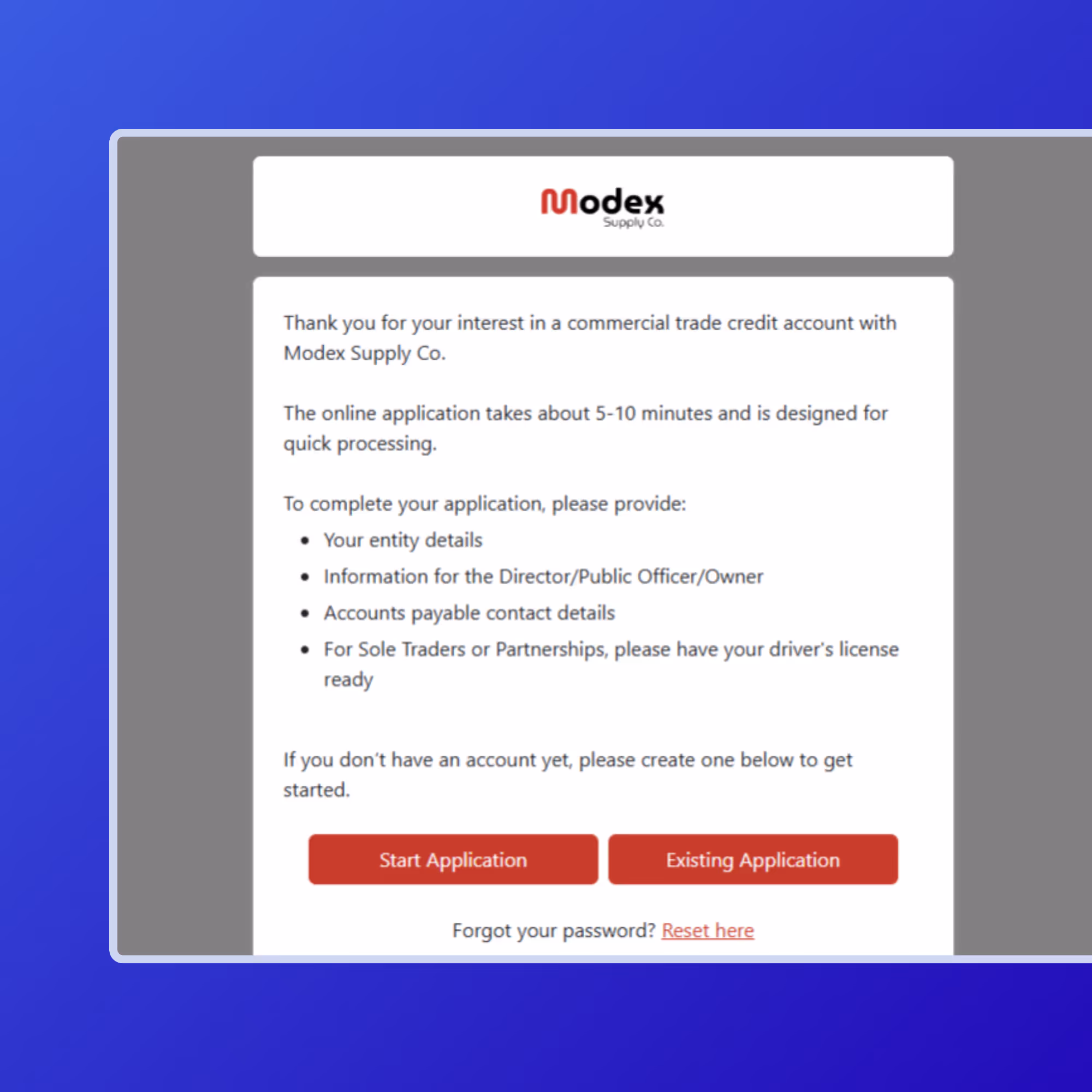 Access Intell branded and customised online trade credit application form