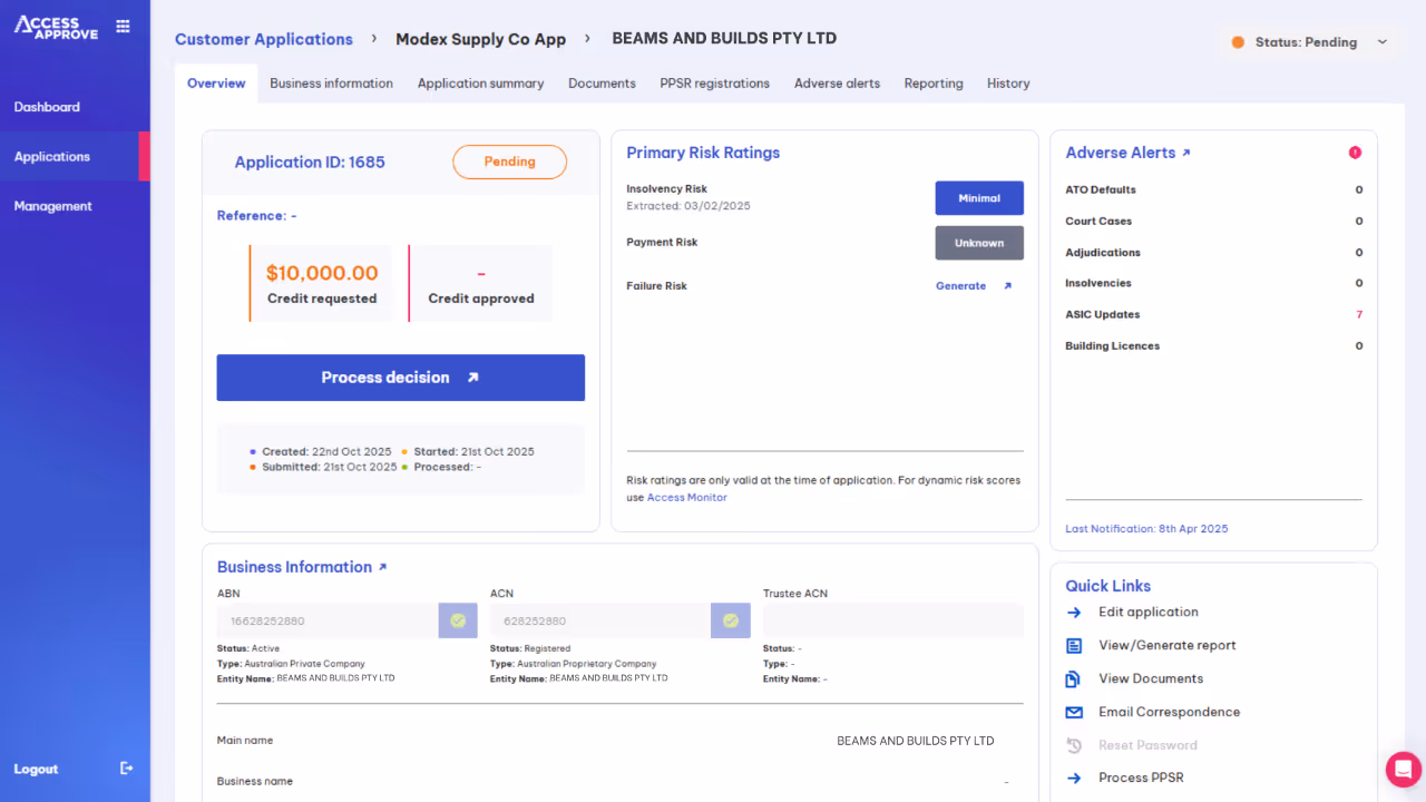 Dashboard interface of Access Intell Onboarding Software for trade credit application assessment and decision
