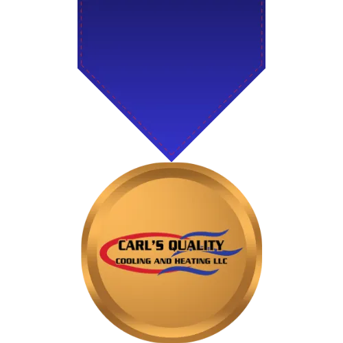 A bronze medal with a blue ribbon, featuring the logo "CARL'S QUALITY COOLING AND HEATING LLC."