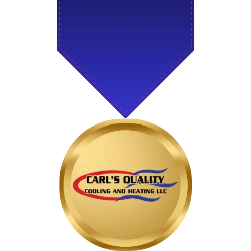 a gold medal with a blue ribbon, featuring the logo "CARL'S QUALITY COOLING AND HEATING LLC."