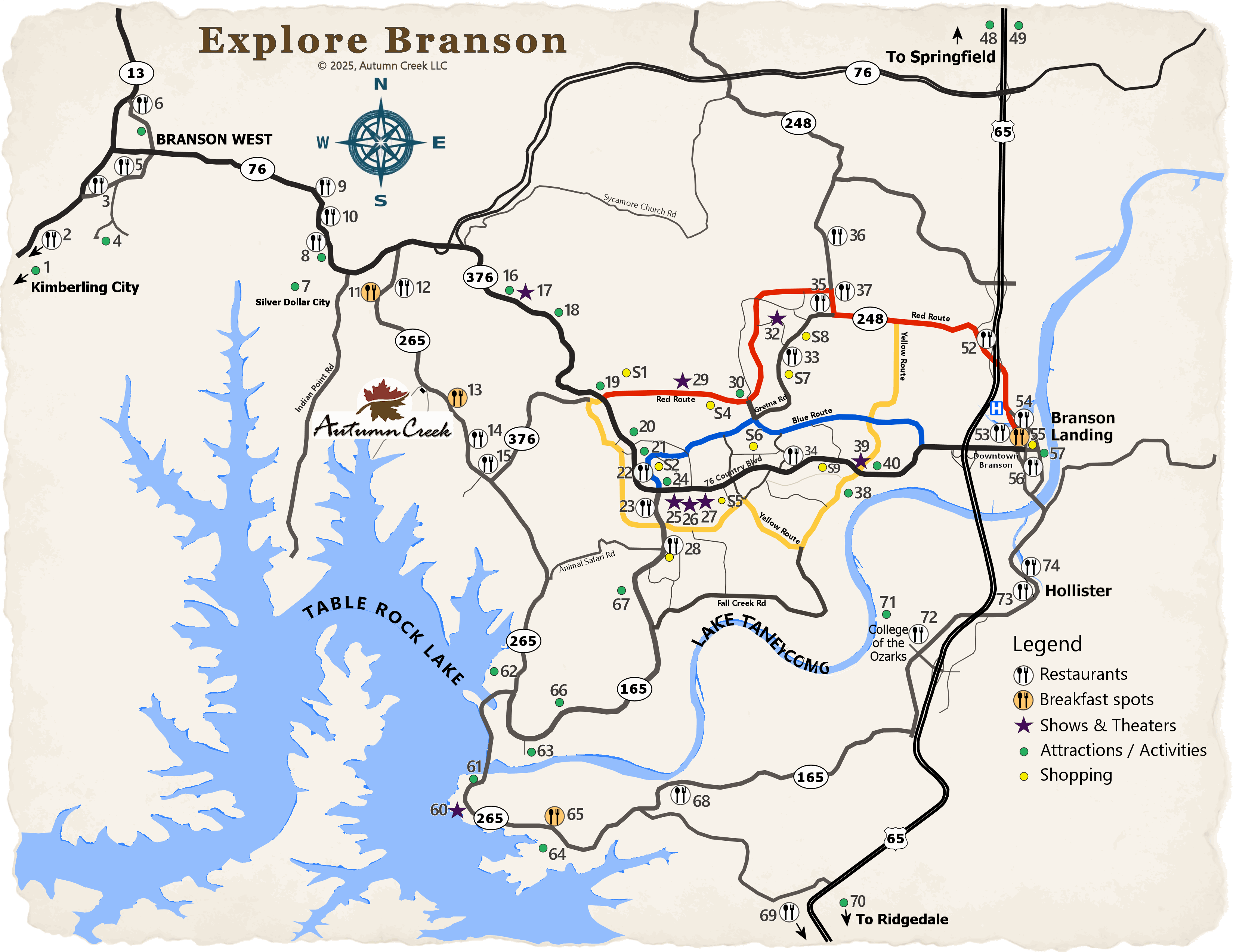 Map showing Branson highlights around Autumn Creek