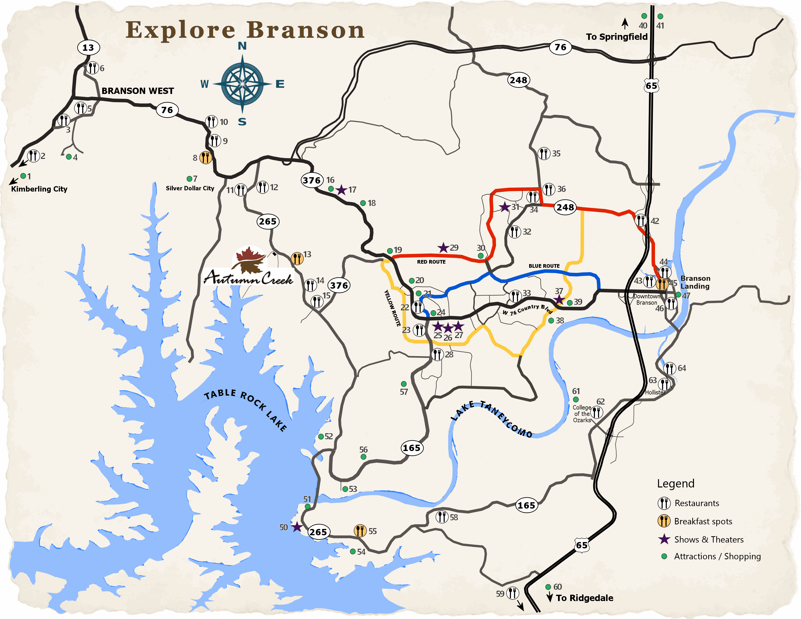 Map showing Branson highlights around Autumn Creek