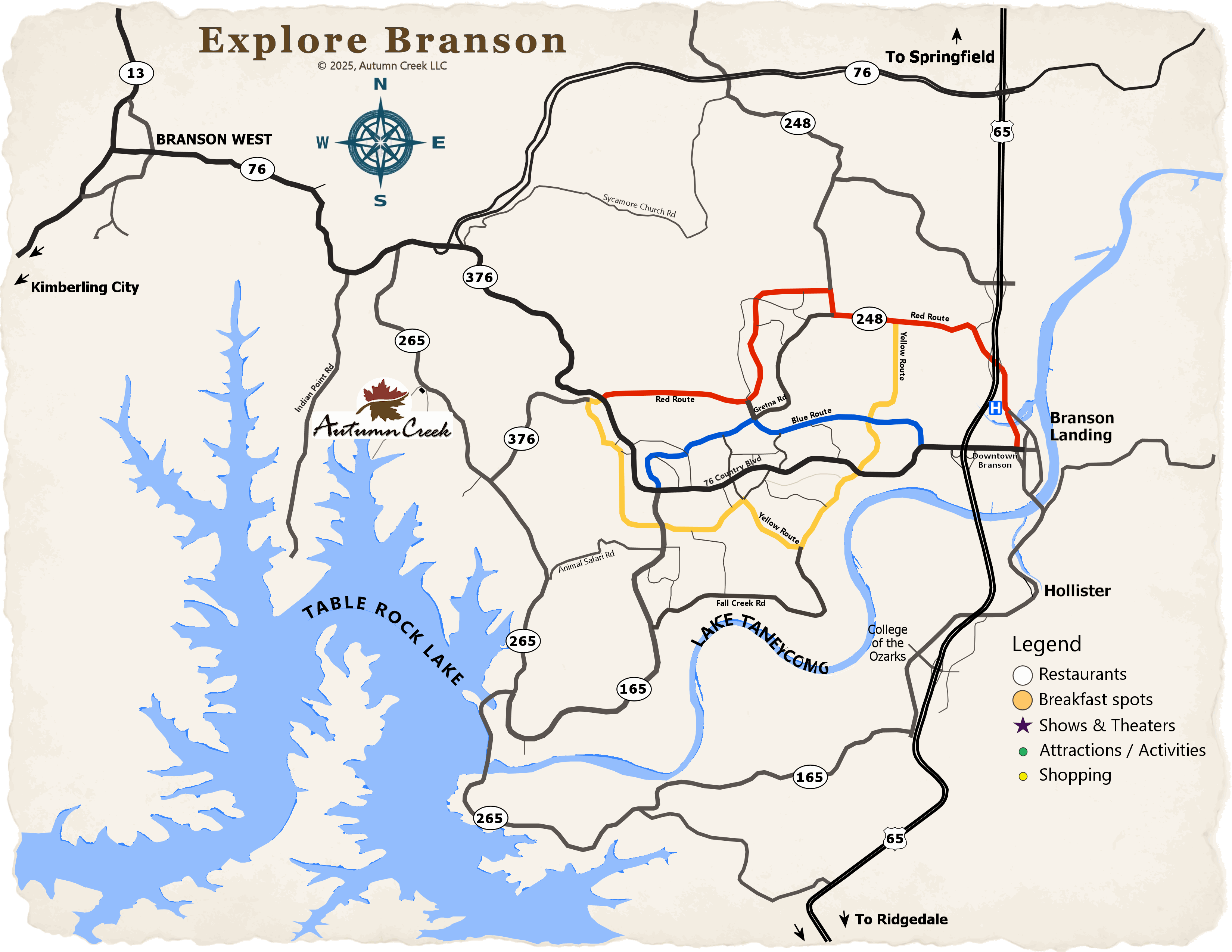 Map showing Branson highlights around Autumn Creek