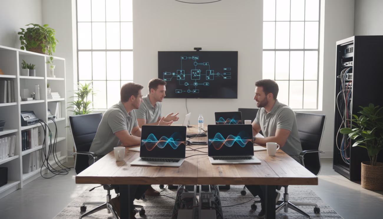 IT team discussing VoIP benefits