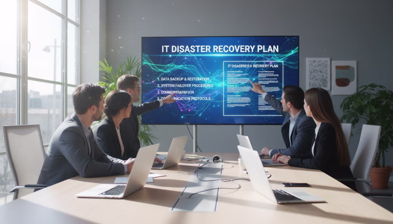 Team reviewing IT disaster recovery plan template