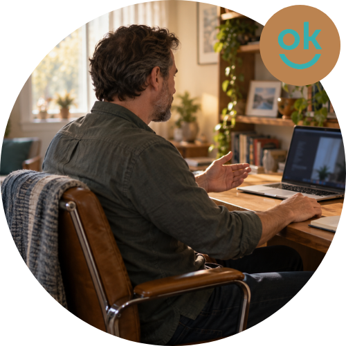 Man attending a telehealth psychiatry appointment from his home study