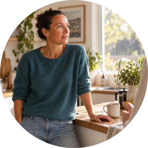 Woman at home considering her treatment options