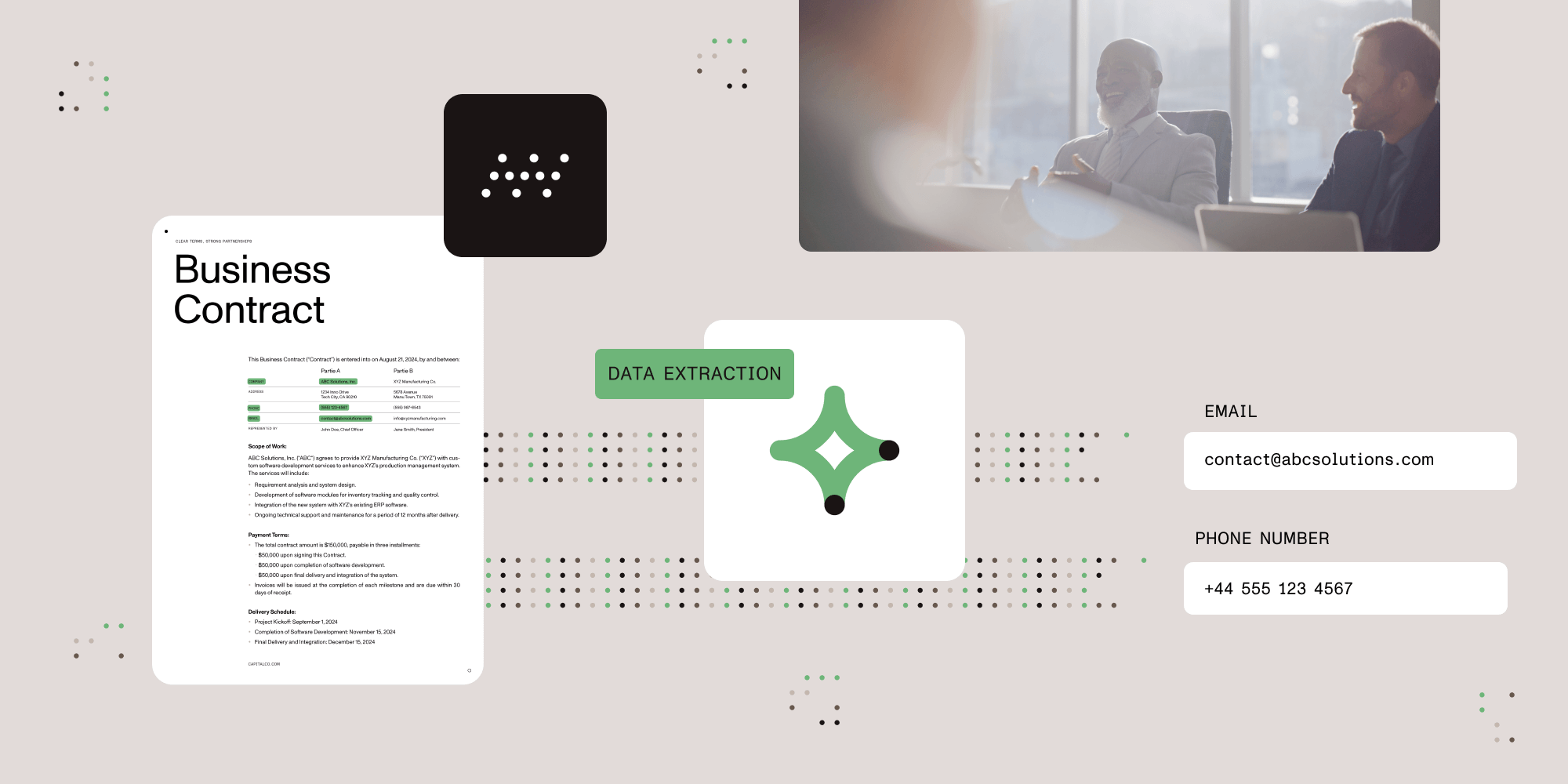 Graphic illustrating AI data extraction: a “Business Contract” document on the left; center logo with “DATA EXTRACTION” and dotted pattern; top-right blurred meeting photo; right contact boxes: contact@abcsolutions.com and +44 555 123 4567.