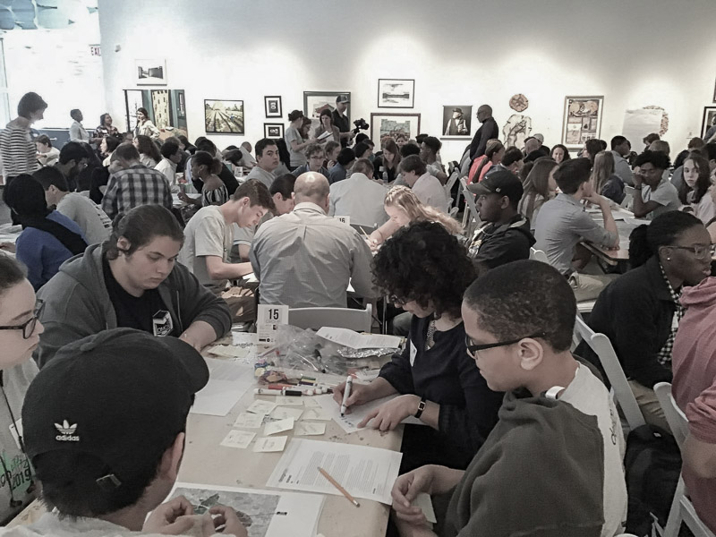 STEAM High school students and professional mentors collaborating on the Dorothea Dix environmental design challenge at the 4th annual Wake County Public School System Design Blitz, held in partnership with NCASLA at the CAM Raleigh art museum.