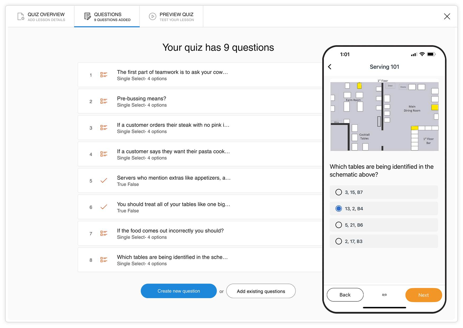 Courses and quizzes preview
