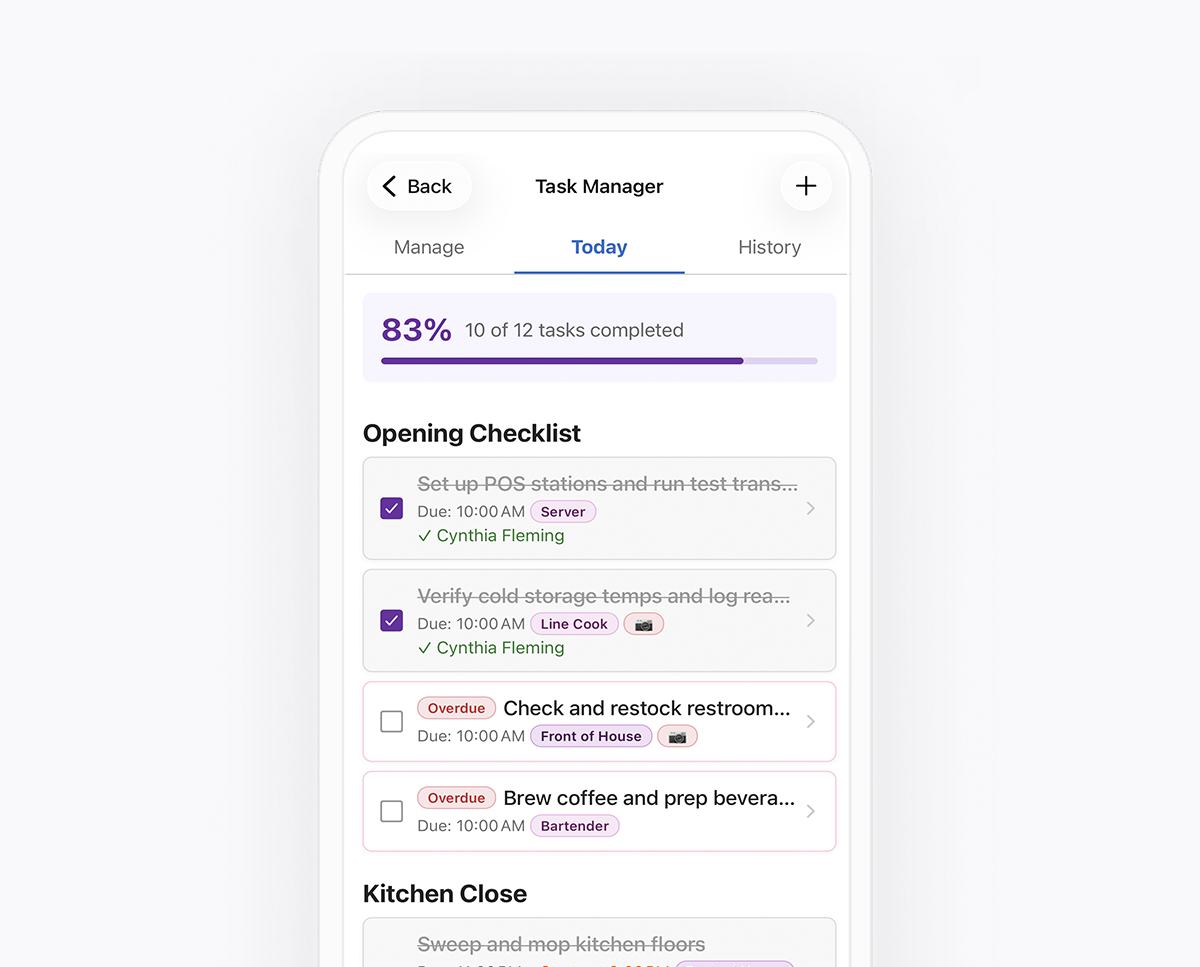 Task manager in teamsly showing recurring pit, kitchen, and FOH tasks