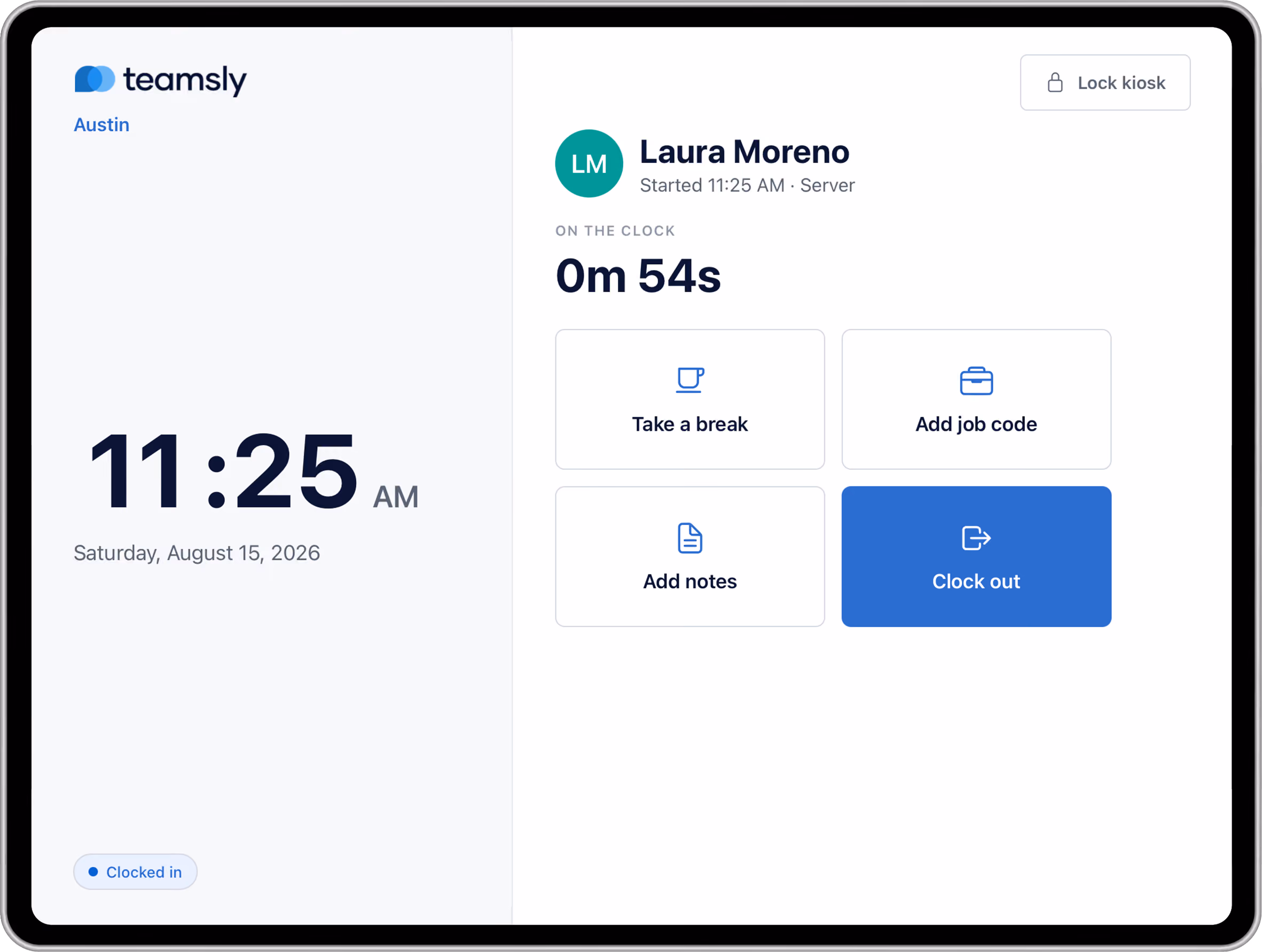 Employee clocked in on the Teamsly kiosk time clock