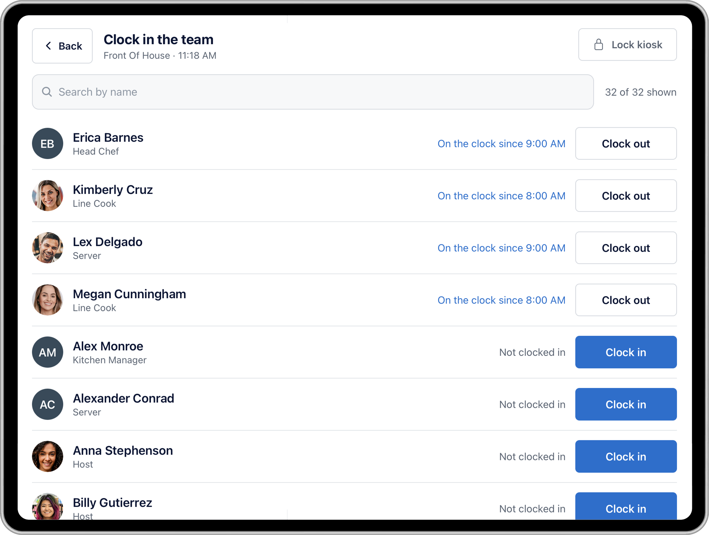 Teamsly kiosk showing break, job code, notes, and clock out options