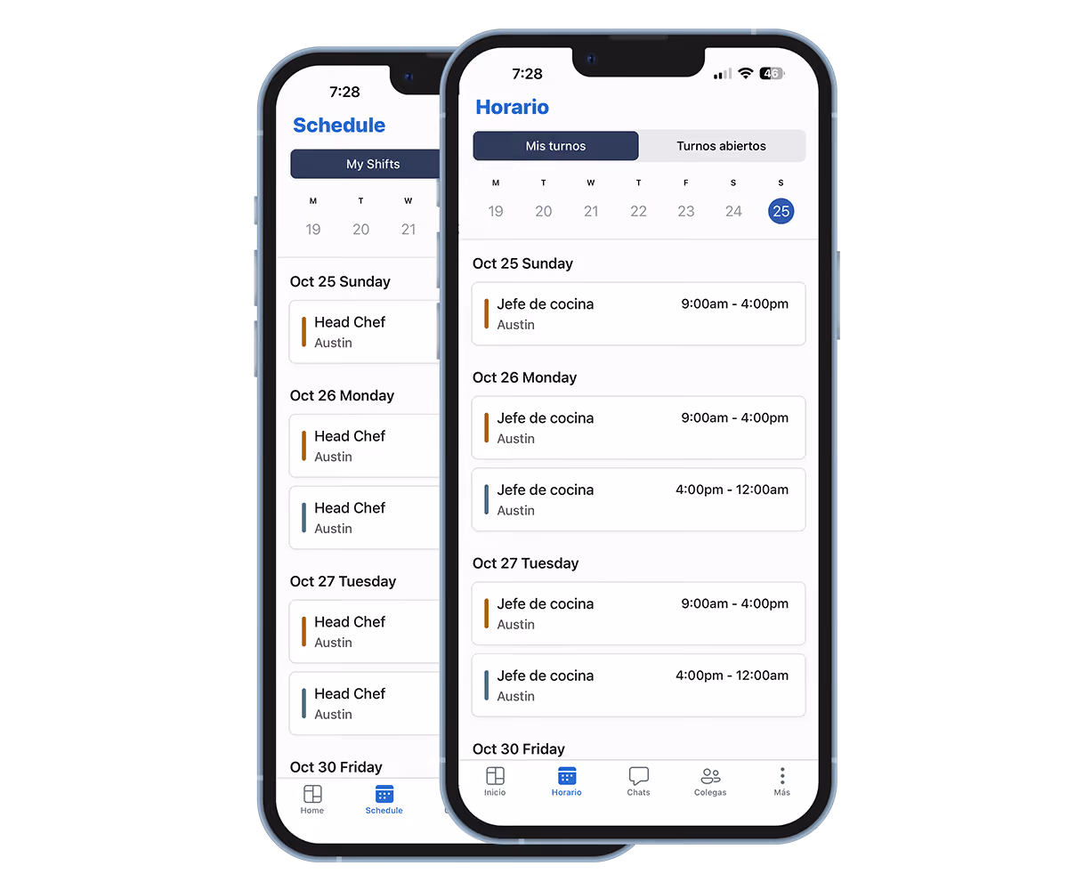 Employee schedule displayed in Spanish in the Teamsly mobile app