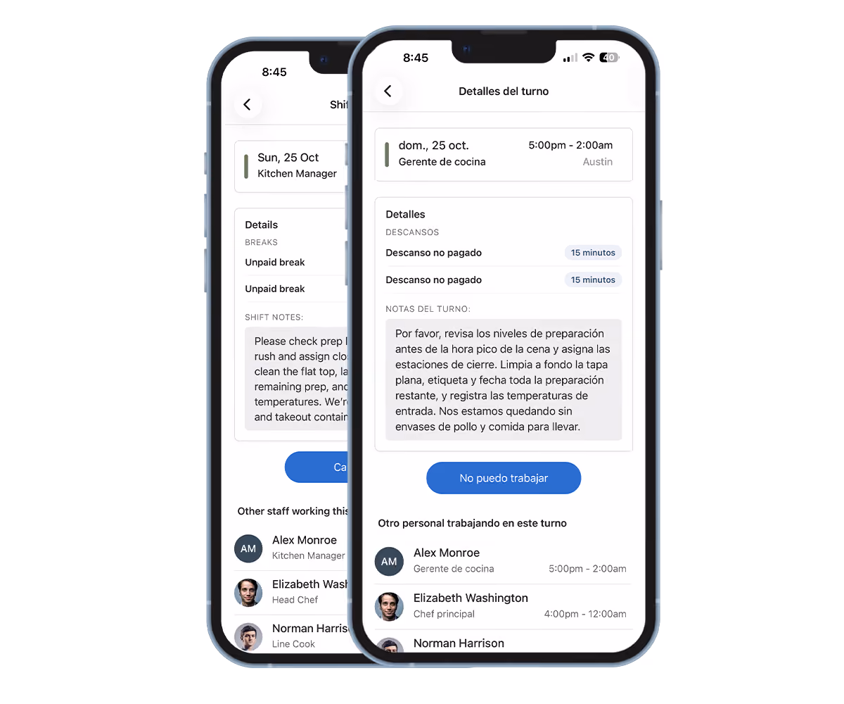 Shift note written in English shown translated to Spanish in the Teamsly app