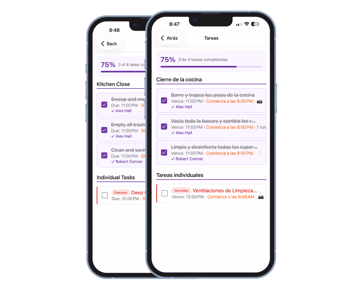 Task checklist and training quiz shown in Spanish in the Teamsly app