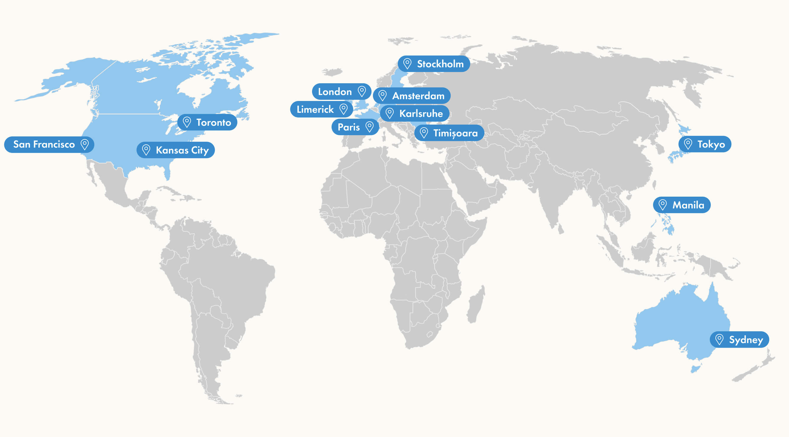 Global map showing Glass Lewis office locations highlighted with blue markers across North America, Europe, Asia, and Australia, including San Francisco, Kansas City, Toronto, Limerick, London, Paris, Amsterdam, Karlsruhe, Stockholm, Timisoara, Tokyo, Manila, and Sydney.