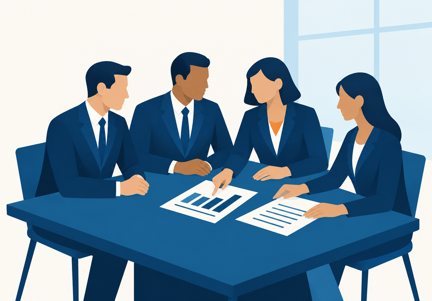Four colleagues reviewing reports together around a table.