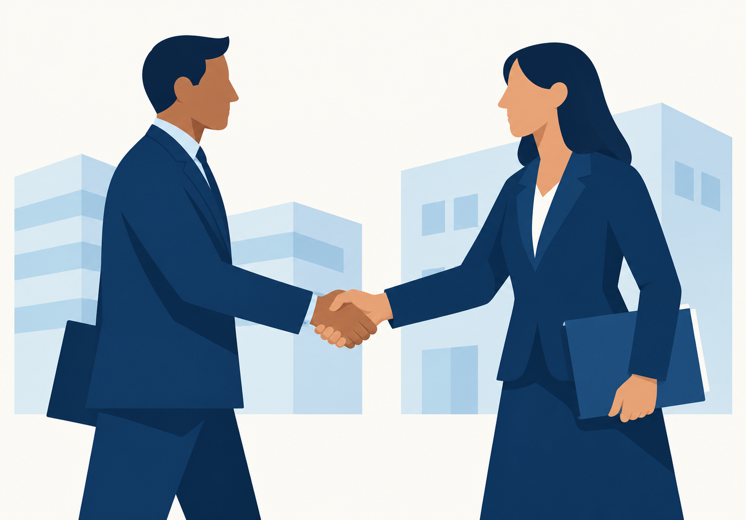 Two colleagues shaking hands in front of simplified office buildings.