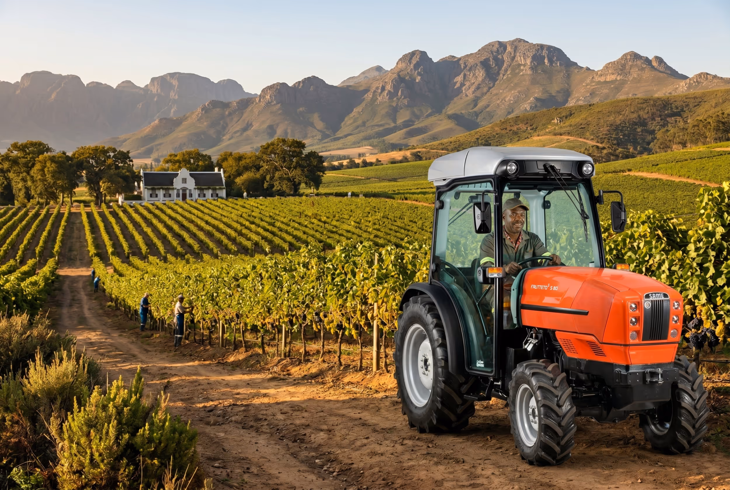 Man driving red tractor on dirt path in vineyard with workers and mountains in background.