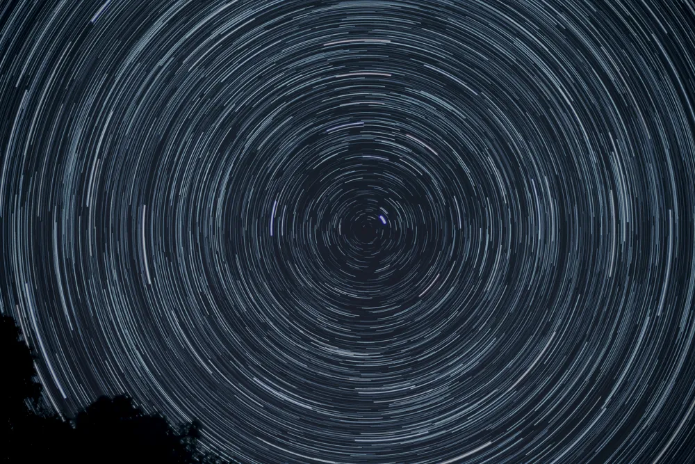 Long-exposure photograph showing circular star trails around the North Star in a night sky with silhouetted trees at the bottom.