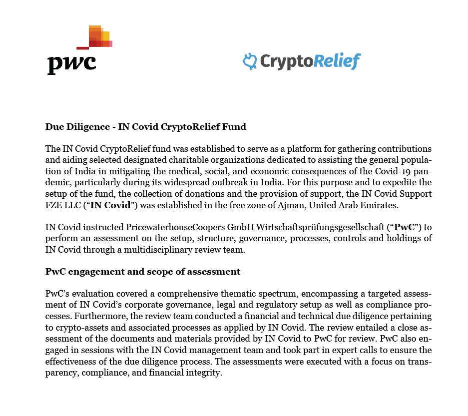 Due Diligence - IN Covid CryptoRelief Fund