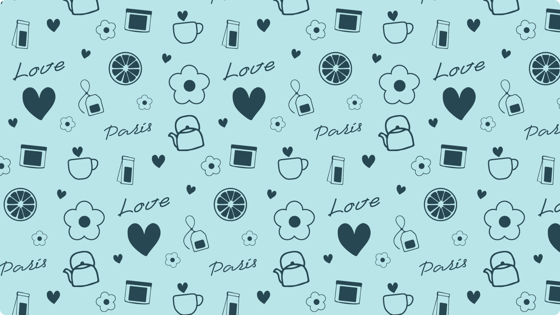 Patern Kusmi Tea avec des fleurs, du thé, des théières, croissant, coeur et Paris