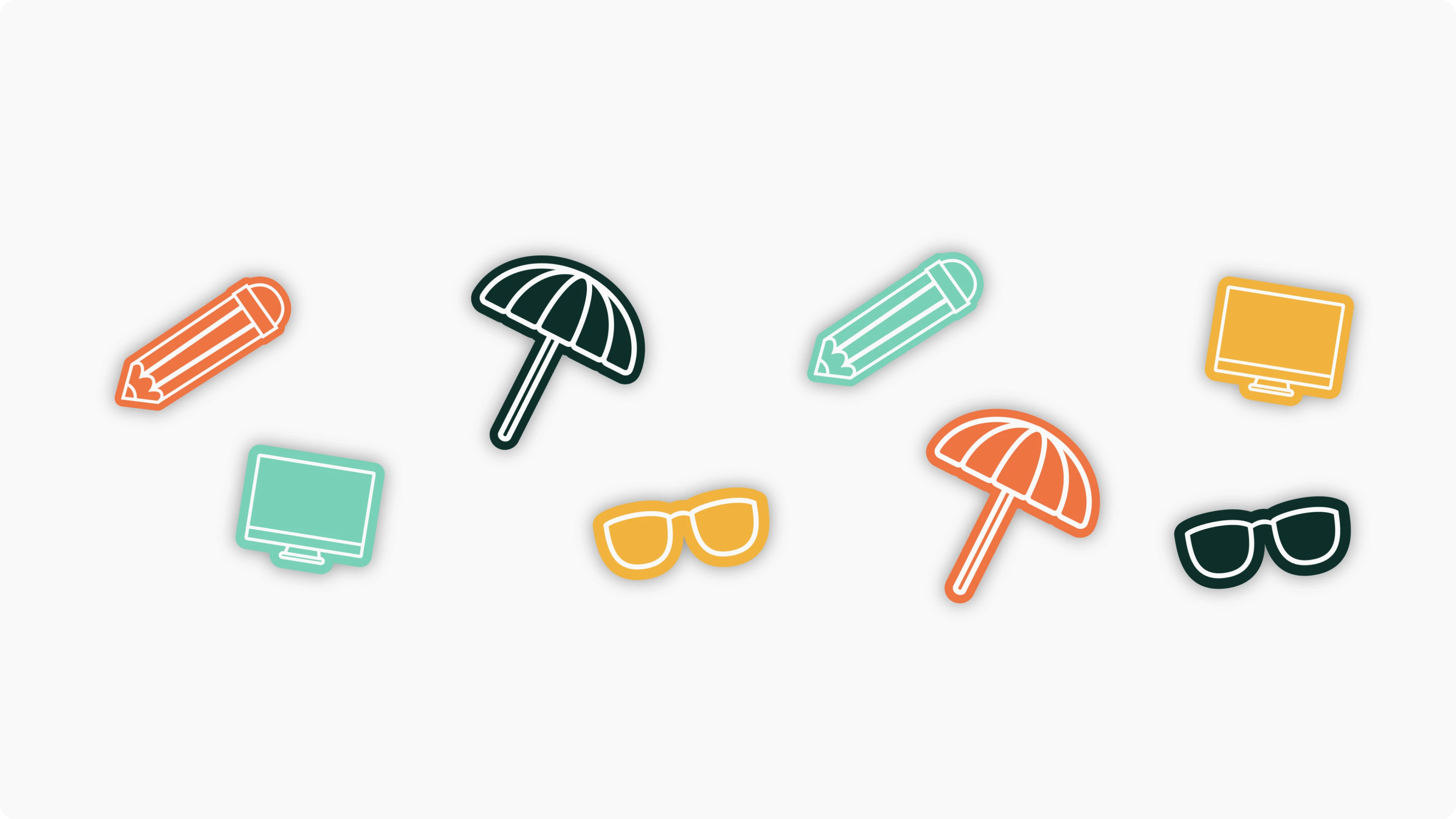 Planche de stickers avec des crayons, parasol, lunette de soleil et écran d'ordinateur