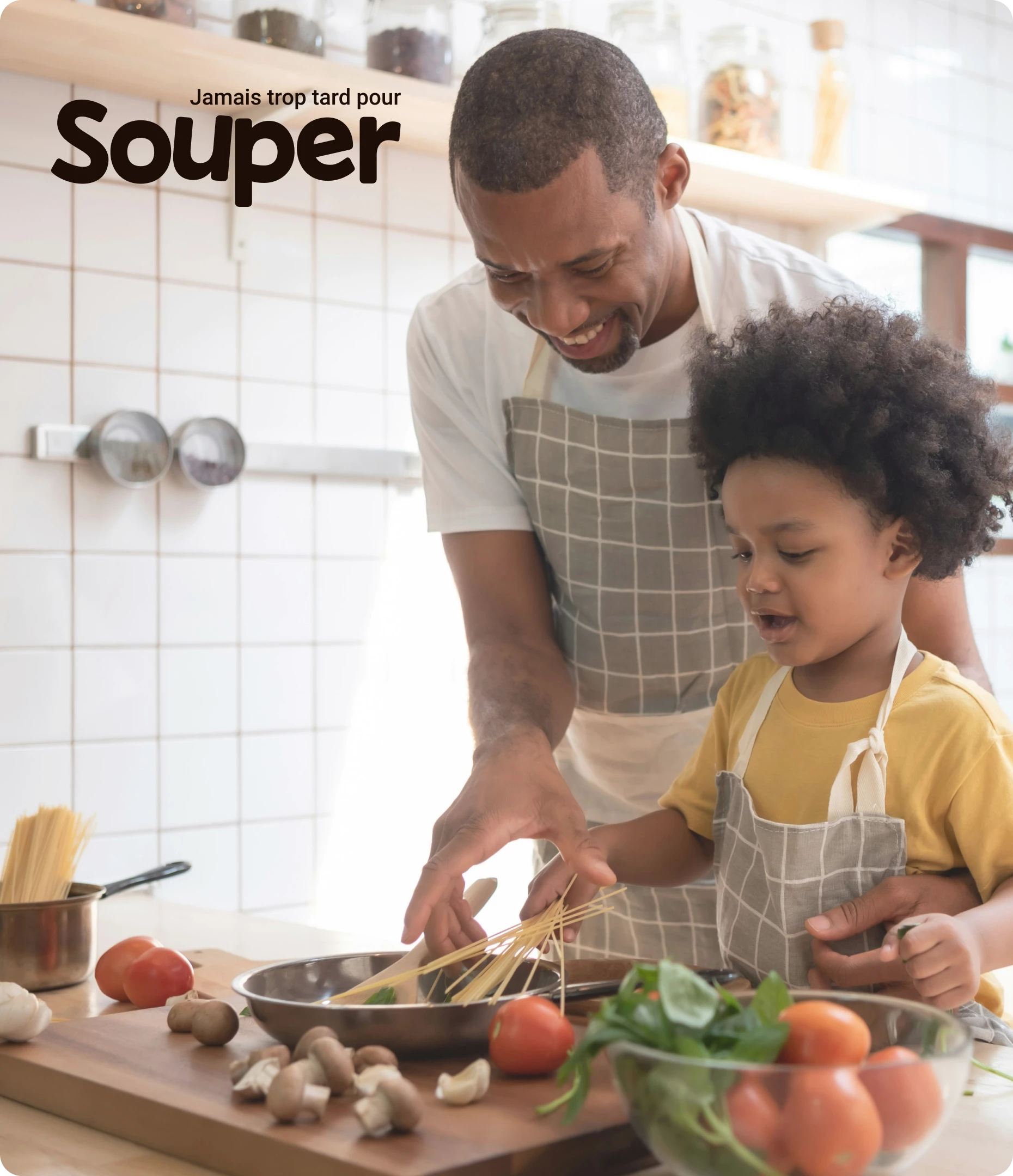Affiche avec le logo Souper, un père et son fils cuisinant