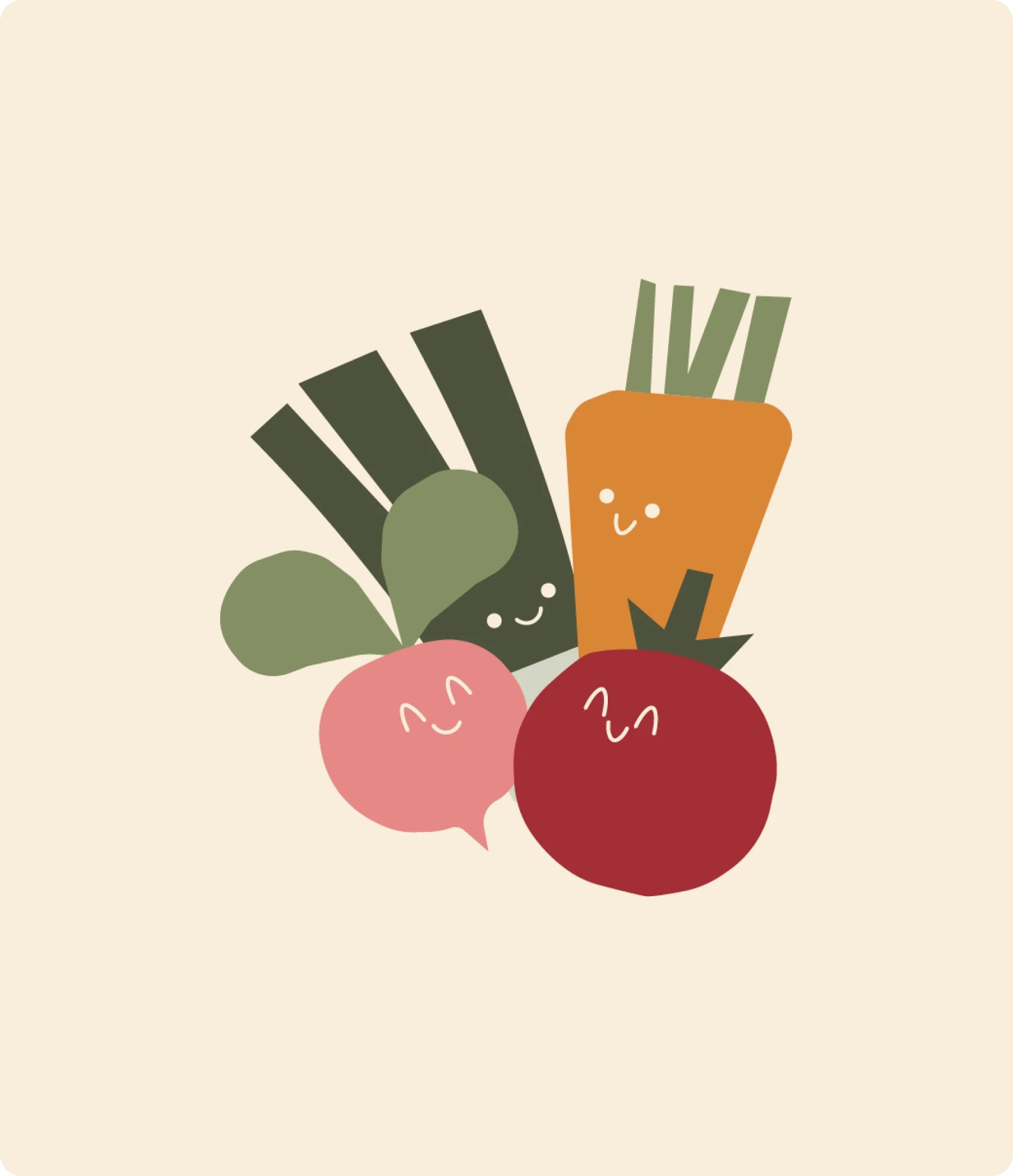 Icone de la marque Souper, un navet, une tomate, une carotte et un poireaux souriant.