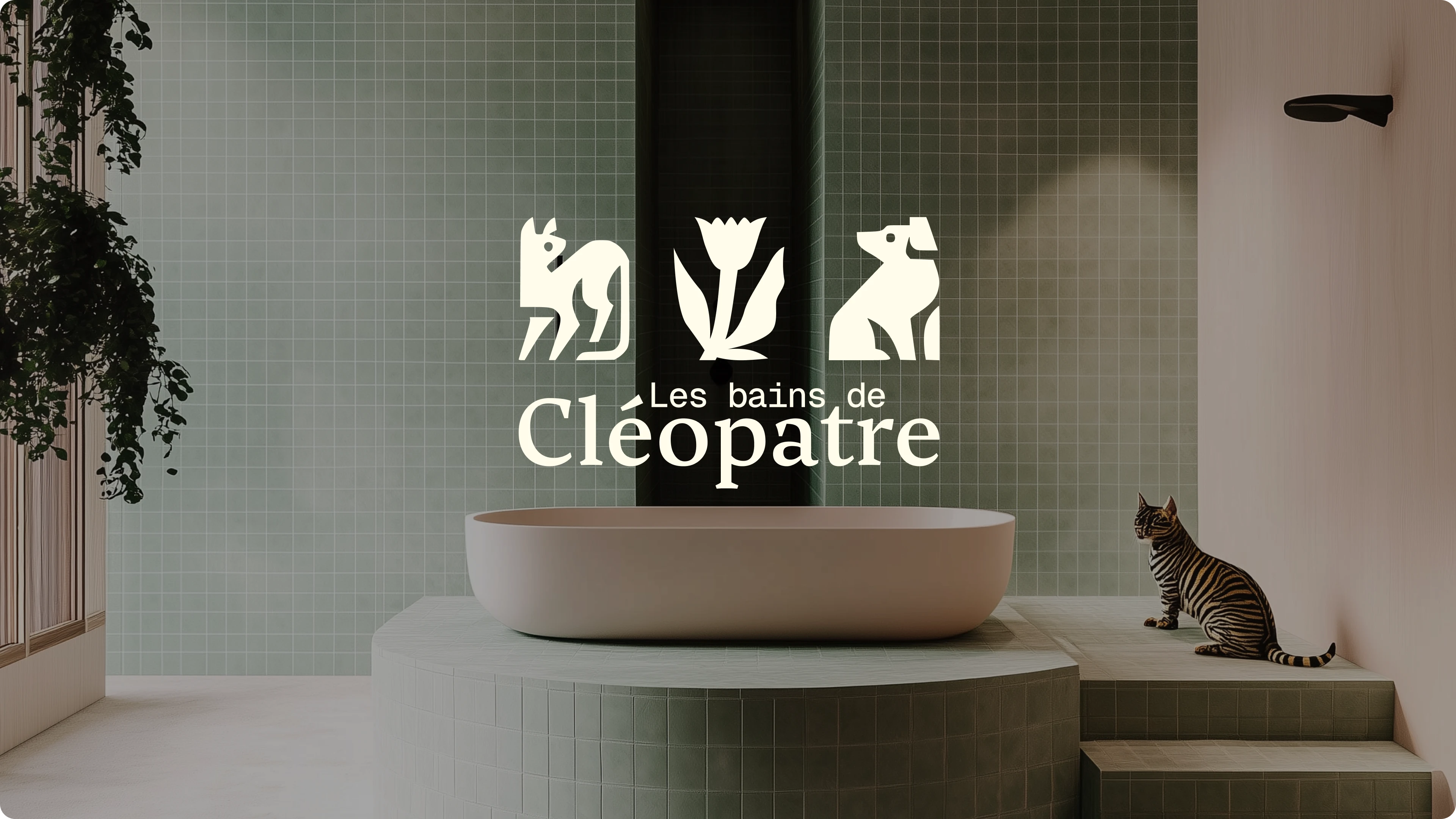 Logo Les bains de Cléopatre, en fond une baignoire et un chat dans un salon de toilletage de luxe