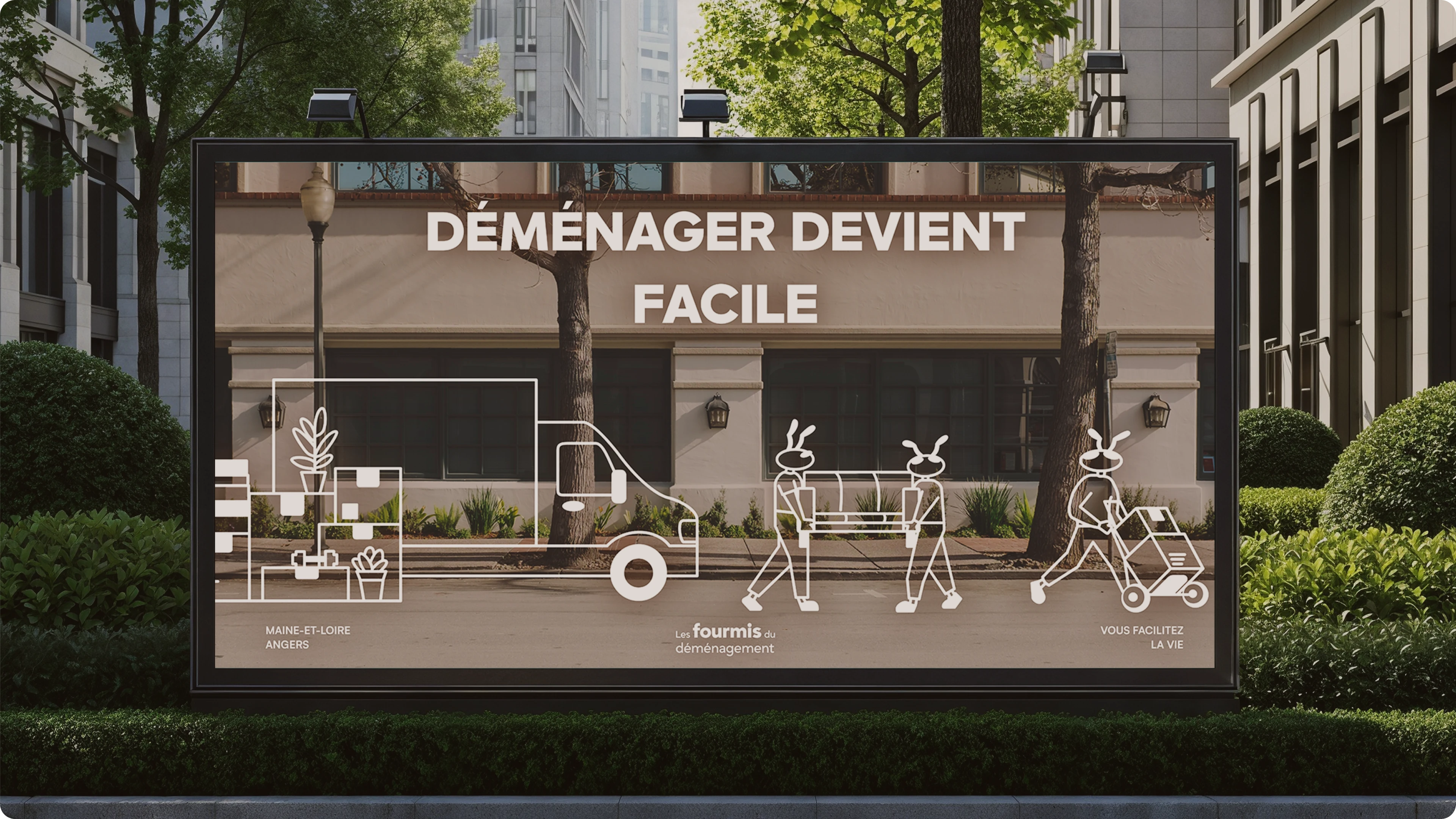 Affiche de rue Les fourmis du déménagement avec les différents mascottes en mouvement