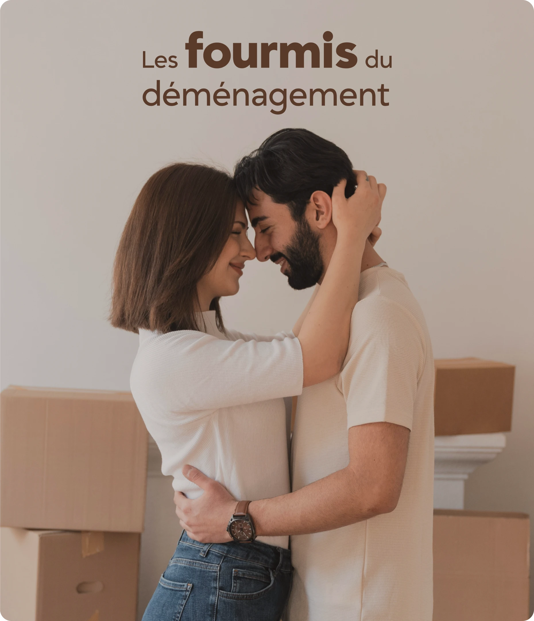 Affiche Les fourmis du déménagement avec un couple s'enlaçant devant une pile de cartons