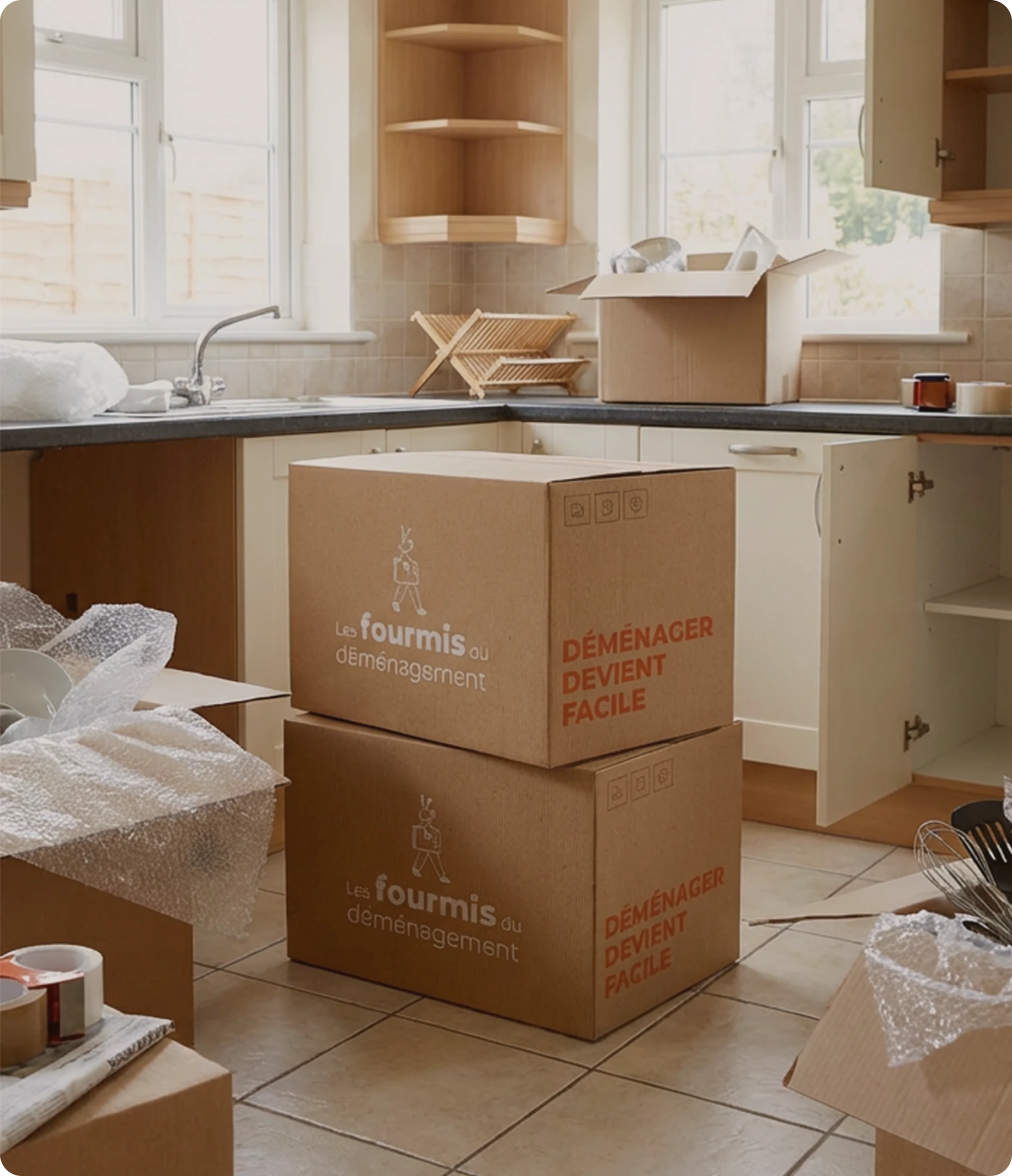 Cartons dans une cuisine floqué à la marque Les fourmis du déménagement