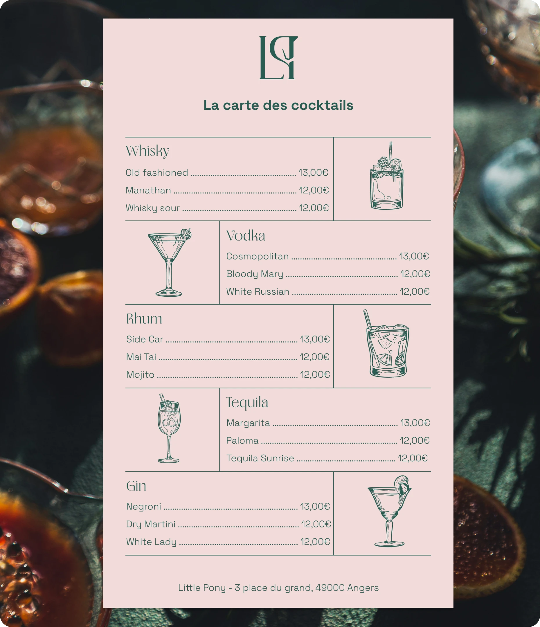 Carte des cocktails du bar Little pony