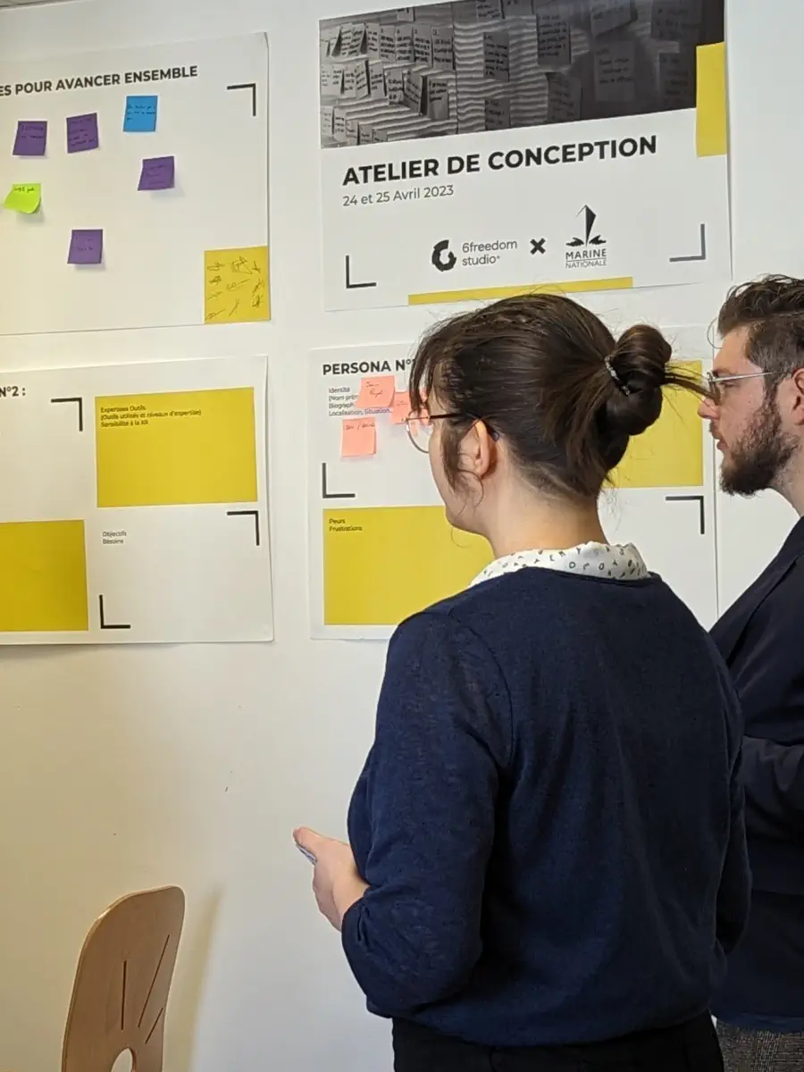 ilana de dos devant un mur de poster et de post-it pour l'atelier de conception de la formation vr de maintenance de l'hélicoptère