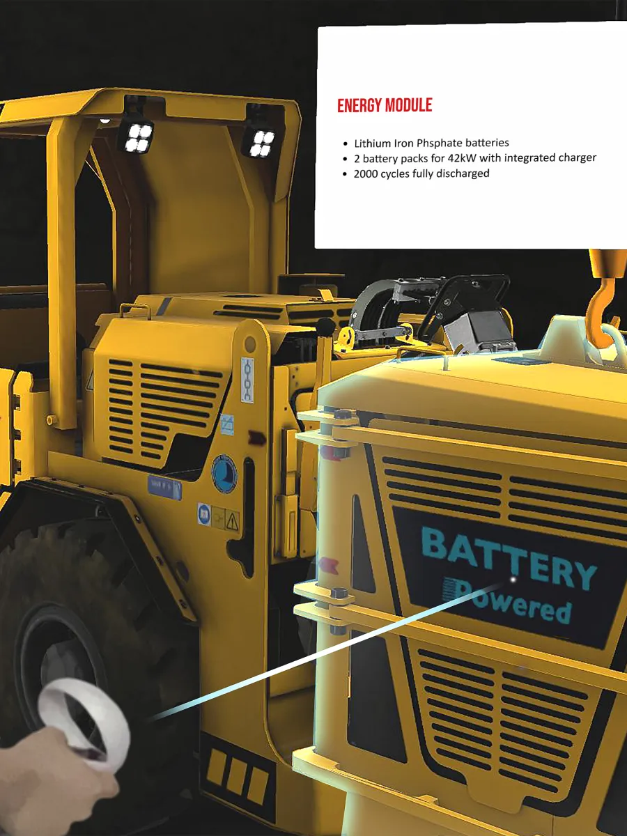 Démonstration in game d'Aramine, une main tenant une manette VR en train de pointer la machine pour ouvrir l'interface