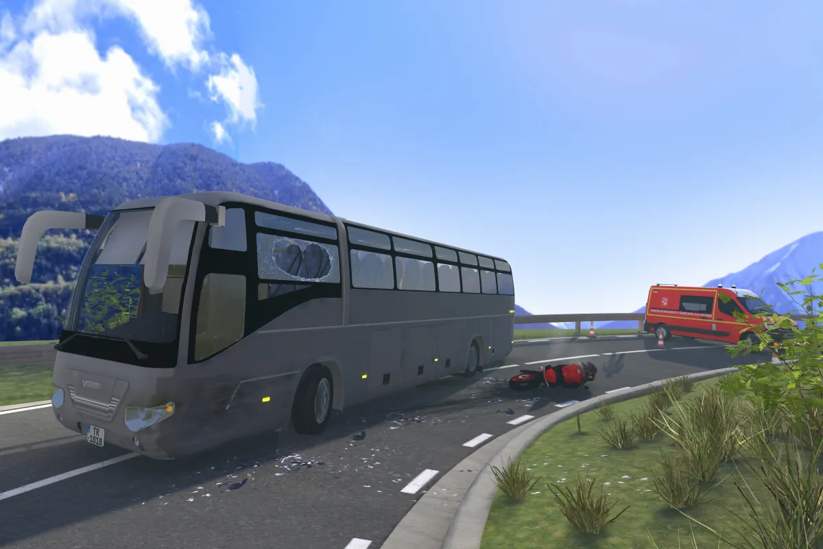 un car et une moto accidentées en réalité virtuelle par Thibault Jaouen