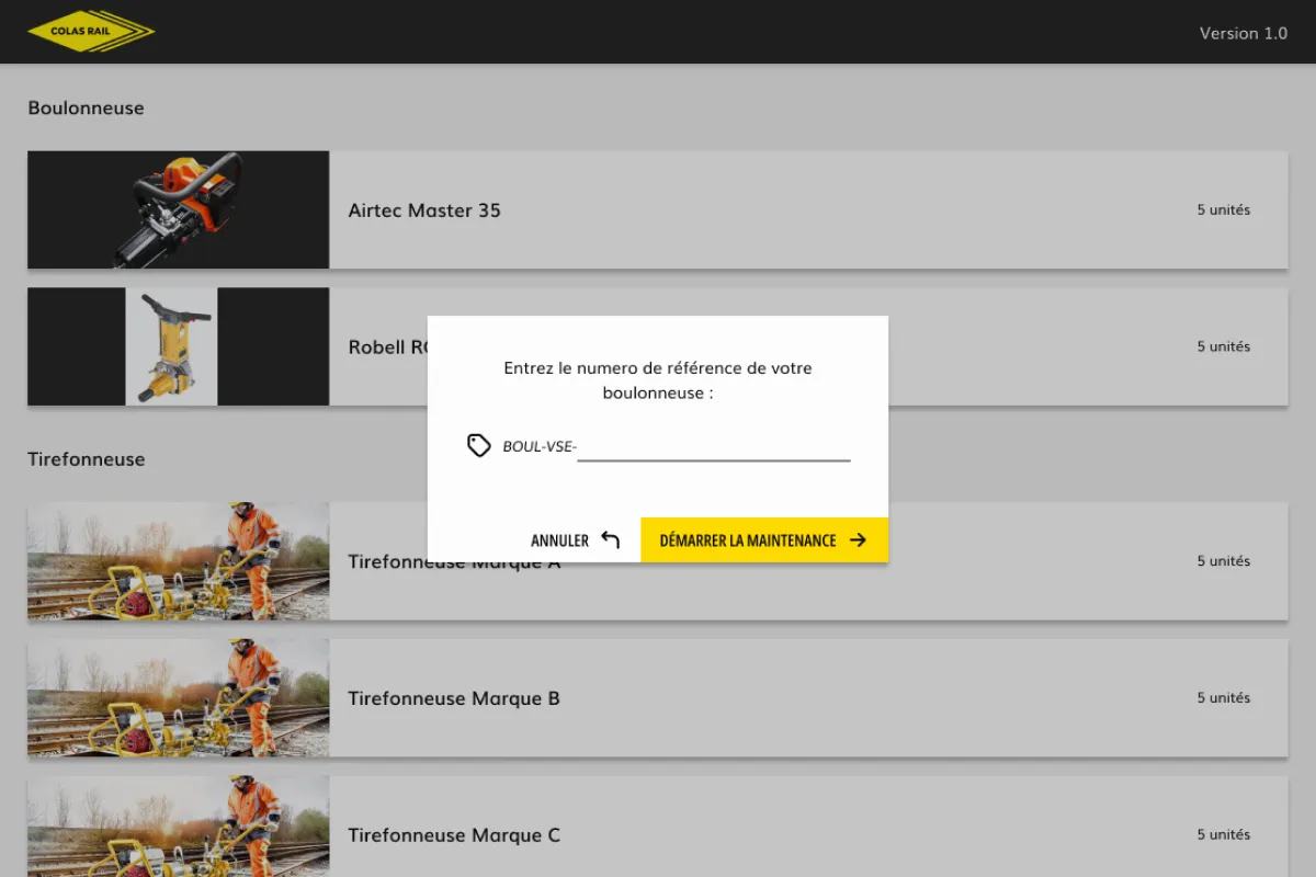 Interface ipad de l'application Colas maintenance