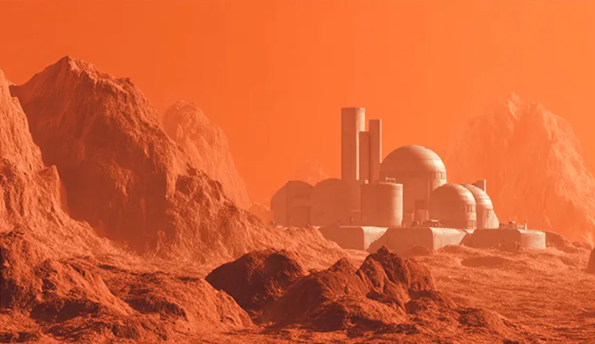 Colony base with dome structures and buildings on planetary surface.