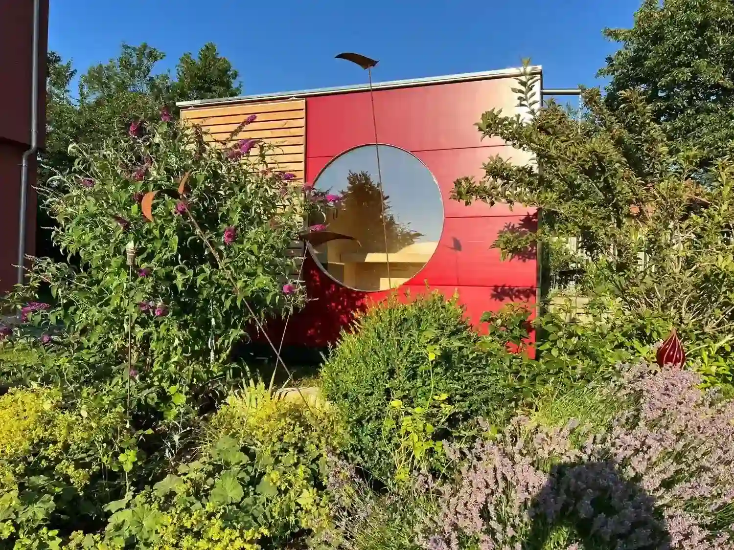 Kubusfoermige Gartensauna mit roter Holzfassade, rundem Fenster und Schiebeelement aus Holz neben Fenster, umgeben von gruenen Strauchern und Pflanzenc