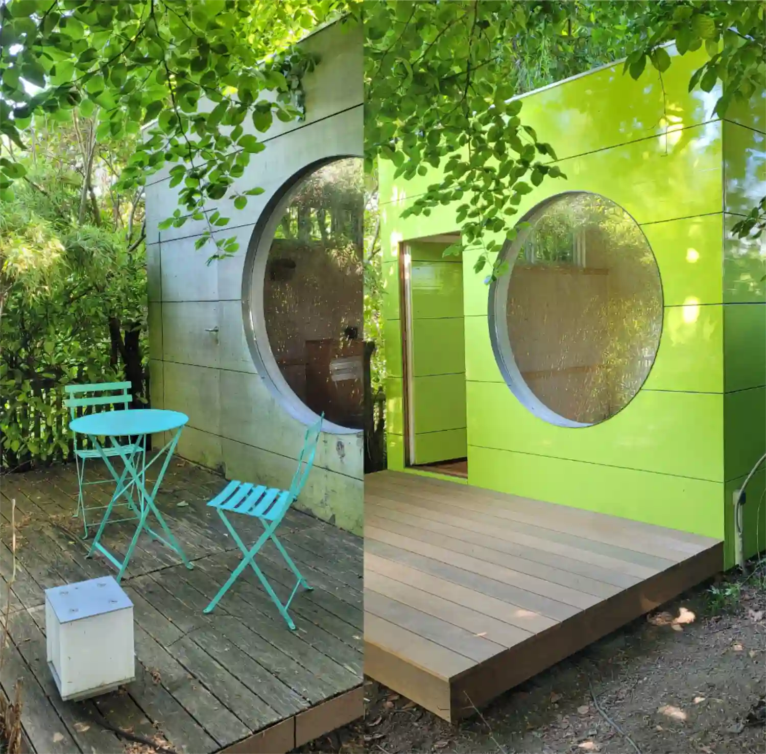 Vergleich Gartenhausfassade ungepflegt und verwittert, daneben Fassade mit gruenem Neuanstrich und restaurierter Terrasse