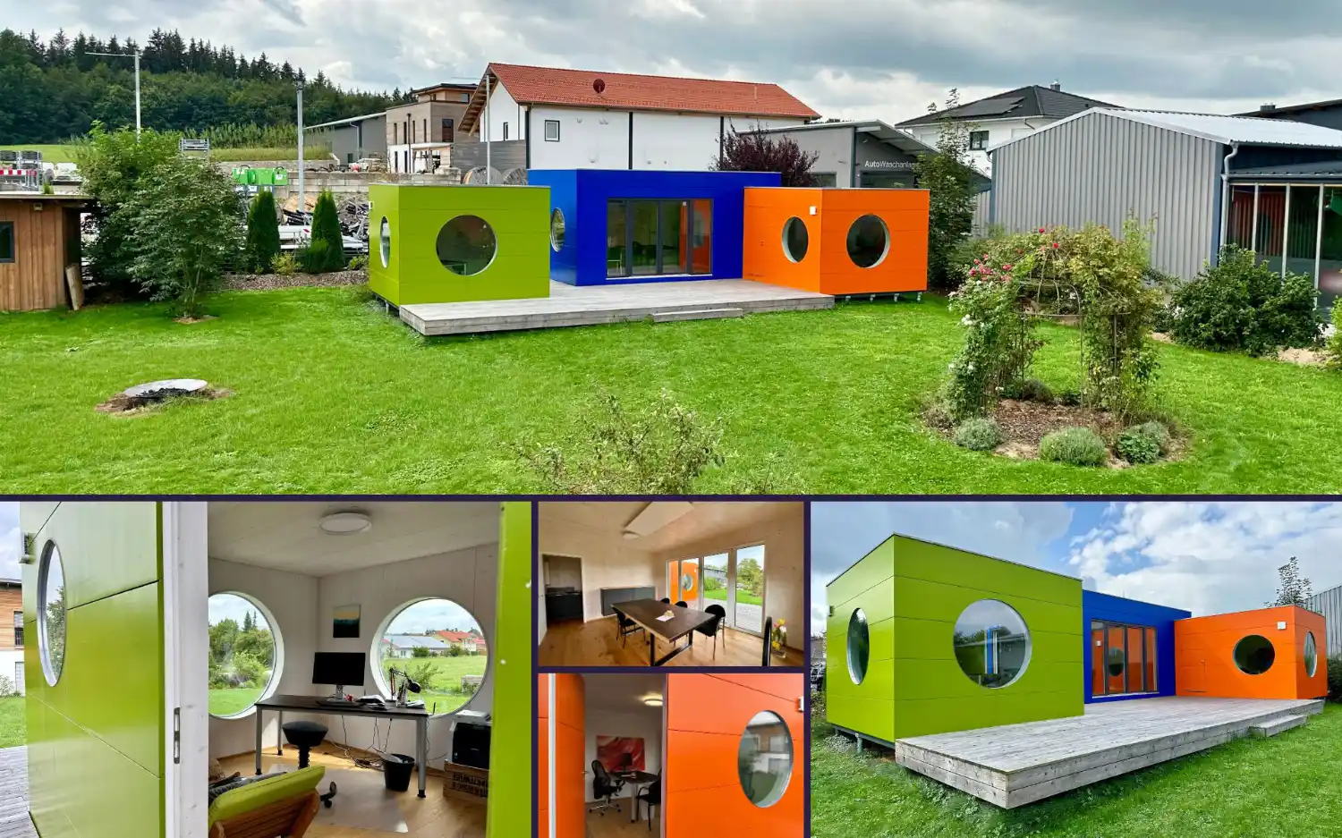 Zusätzliche Büroflächen zum Hauptgebäude bestehend aus 3 bunten Design- Gartenbüros verbunden mit Holzterrasse im Garten