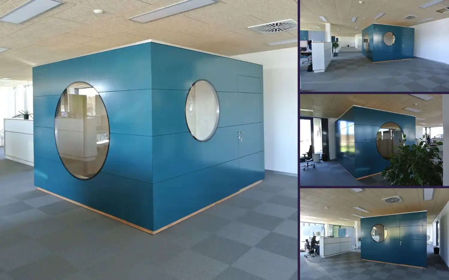 Blaues Gartenhaus mit Flachdach und Rundfenstern als Raum-in-Raum-Lösung in Großraumbüro als Besprechungsraum