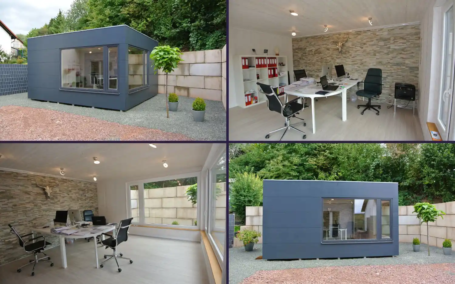 Großes Gartenbüro für 3 Mitarbeiter mit Flachdach, Eckverglasung, dunkelgrau gestrichener Fassade und Büroeinrichtung