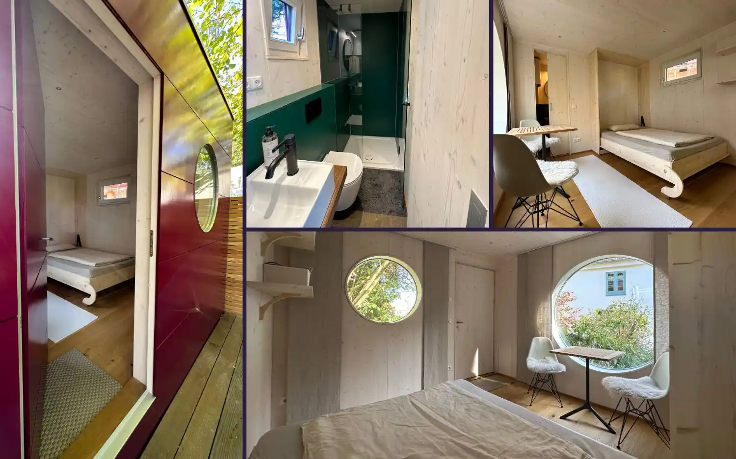 Tiny House Gartenhaus mit bordeaux gestrichener Holzfassade, Wohnraum mit Klappbett, Esstisch, Stühlen, Holzwänden und Bad